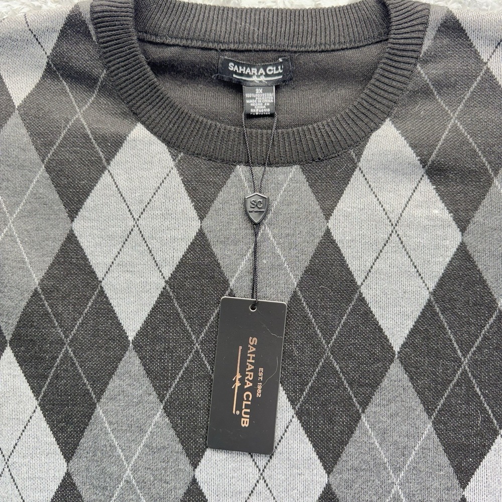 NWT VTG Sahara Club Acrylic Diamond Plaid HipHop Knit Sweater Black Men 3X - Picture 3 of 16